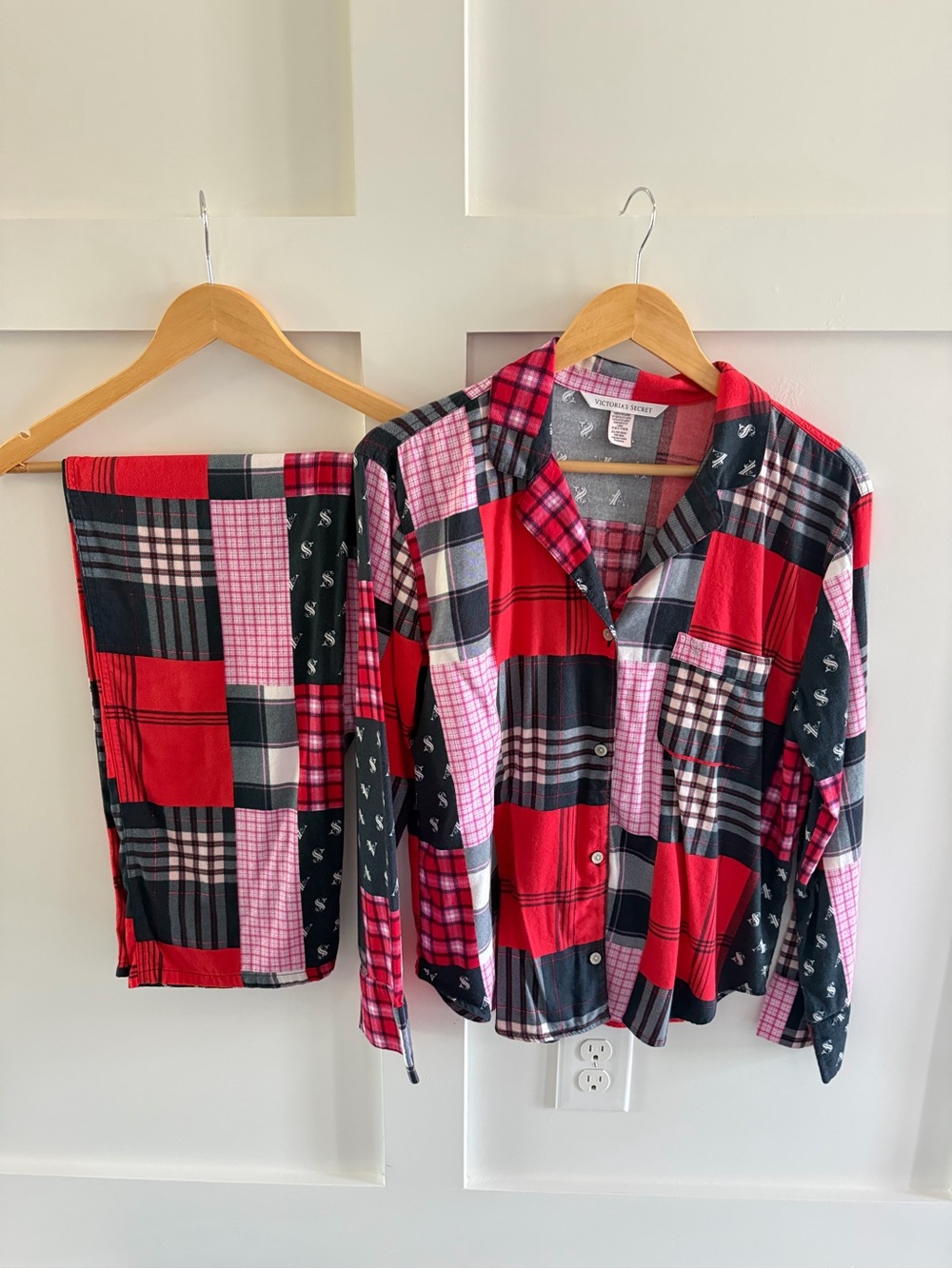 Victoria Secret Plaid Patchwork Pajama Set in Red, Black & Pink XS